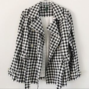 LAUREN RALPH LAUREN Black and White Check Trench Coat Plus 1X